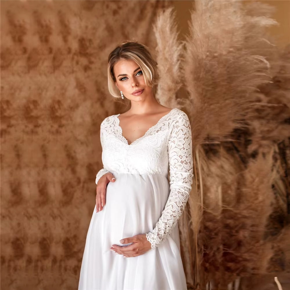 Lace White Maternity Dresses for Baby Shower Sexy Pregnancy Photo Shoot Maxi Gown Pregnant Women Party Wedding Photography Props
