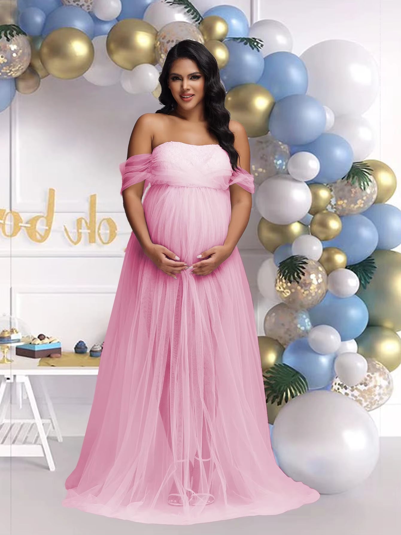 Maternity Lace Mesh Long Dress Pregnancy Shouldless Maxi Gown Dresses Soft Tulle Fabric Strapless for Baby Shower Photo Shoot