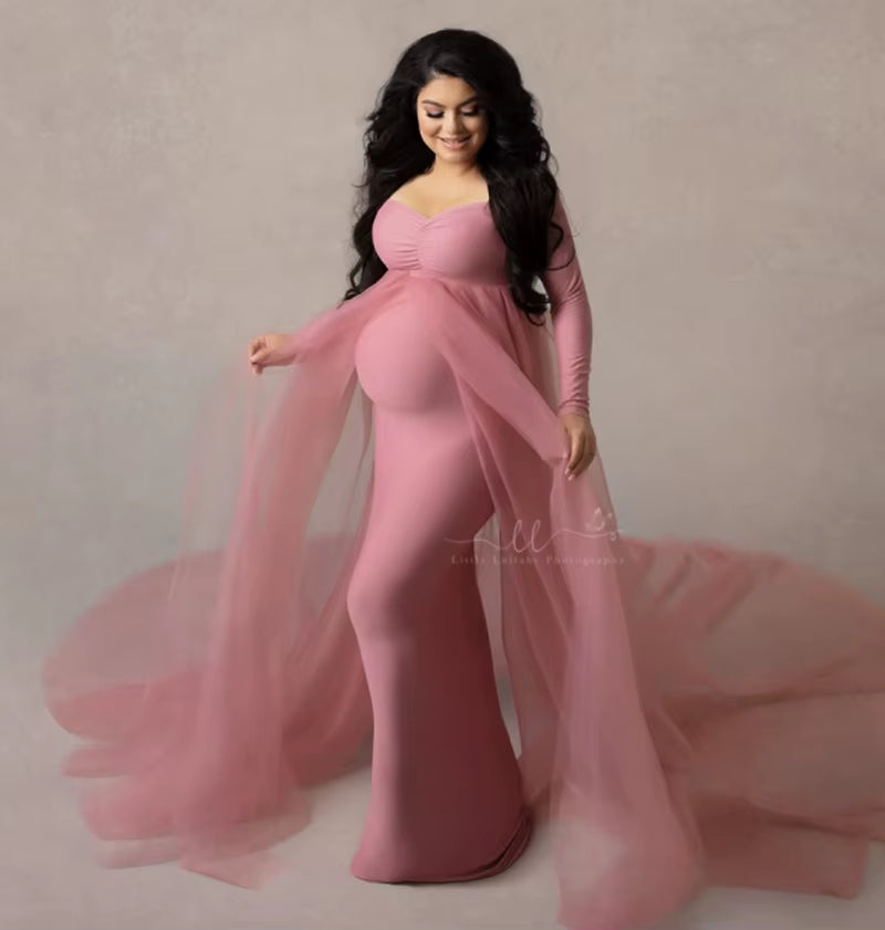 Pink Maternity Dresses Photography Props Shoulderless Pregnancy Long Dress for Pregnant Women Maxi Gown Baby Showers Photo Shoot