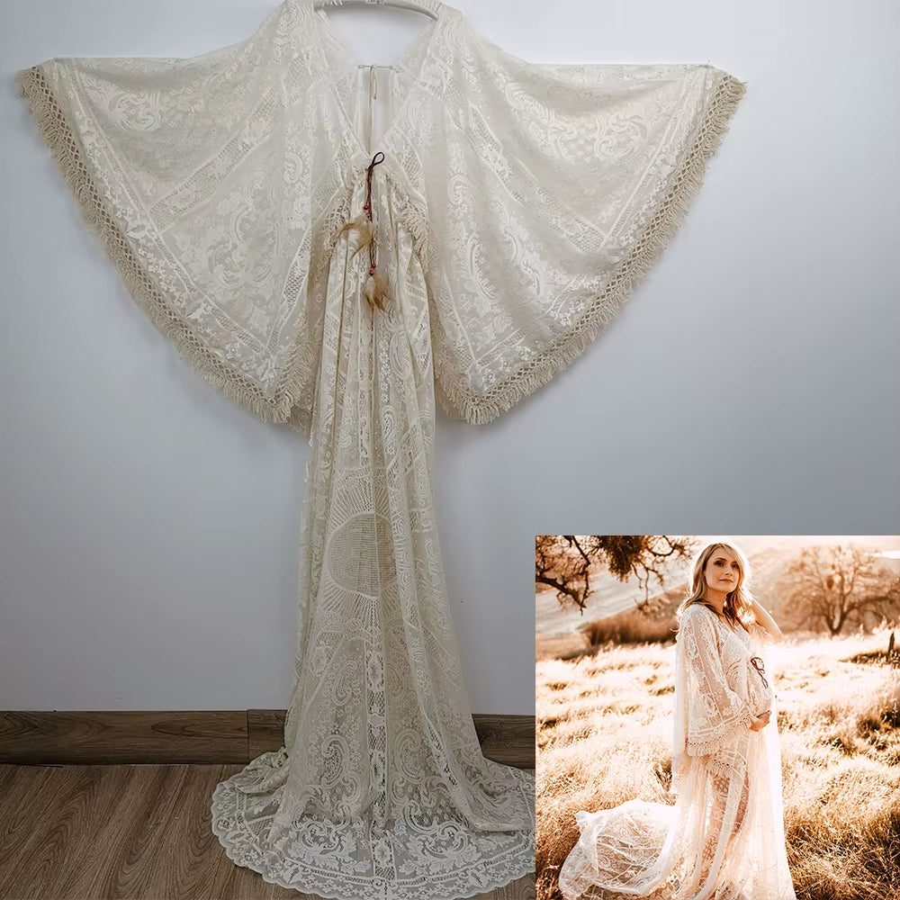 Long Train Maternity Photo Shoot Maxi Gown Dress Evening Party Costume Boho Beige Dresses for Pregnant Woman Props