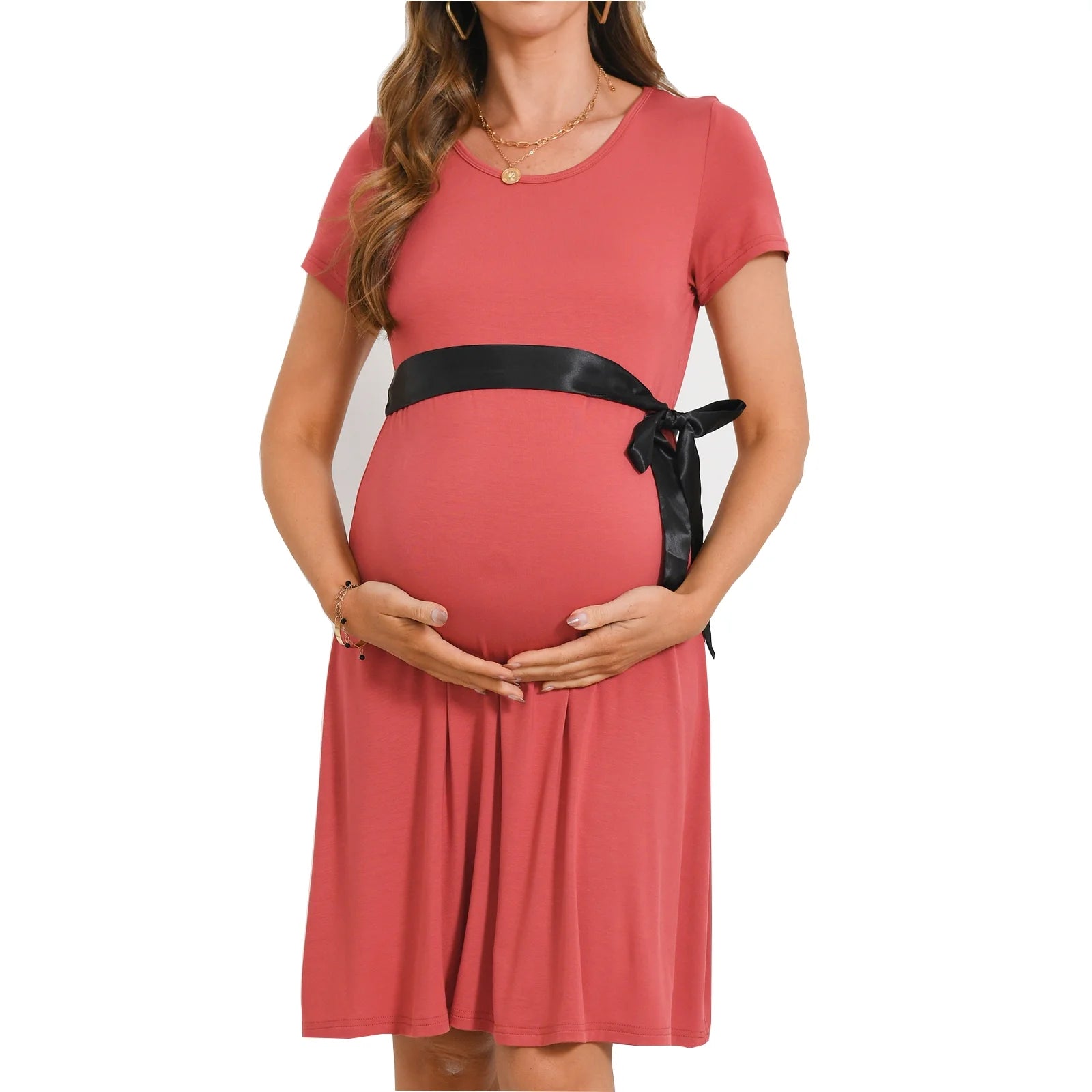 Chic Women's Maternity Midi Dress - Short Sleeve Casual Beach Wear with Stylish Belt