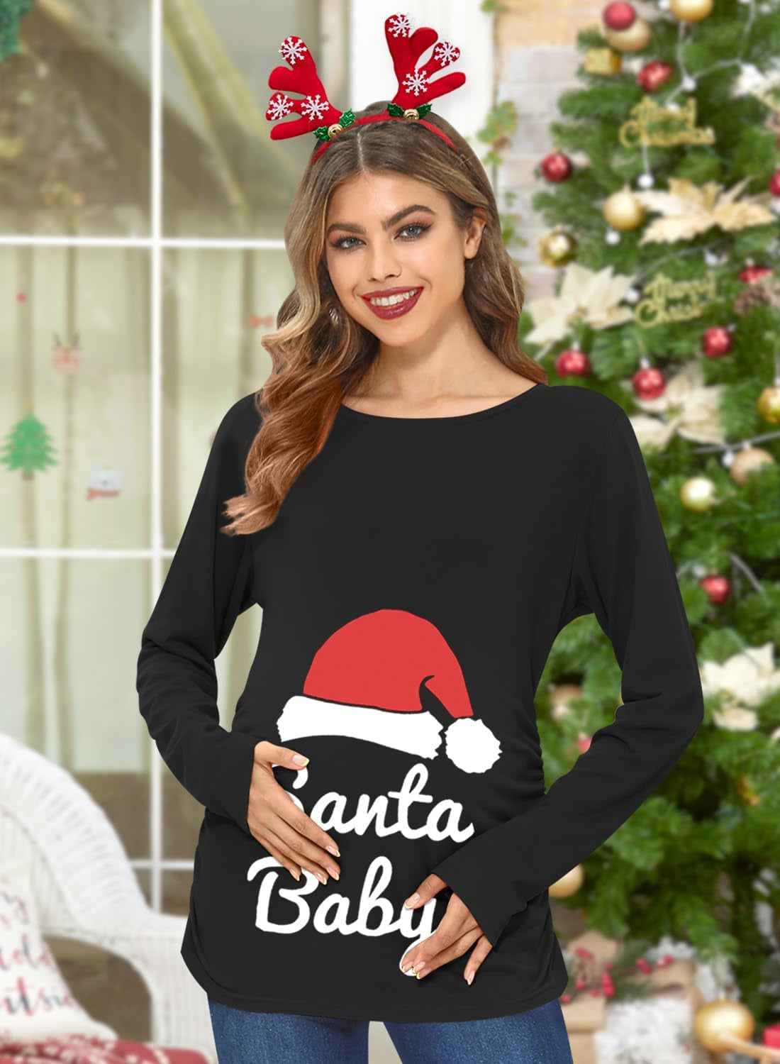 Womens Christmas Ugly Scoop Neck Long Sleeve Maternity Tops