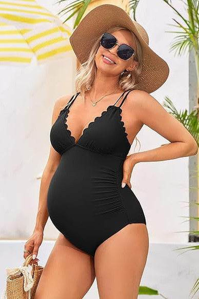 Stylish Ruch Scallop V Neck Maternity One Piece Swimsuit