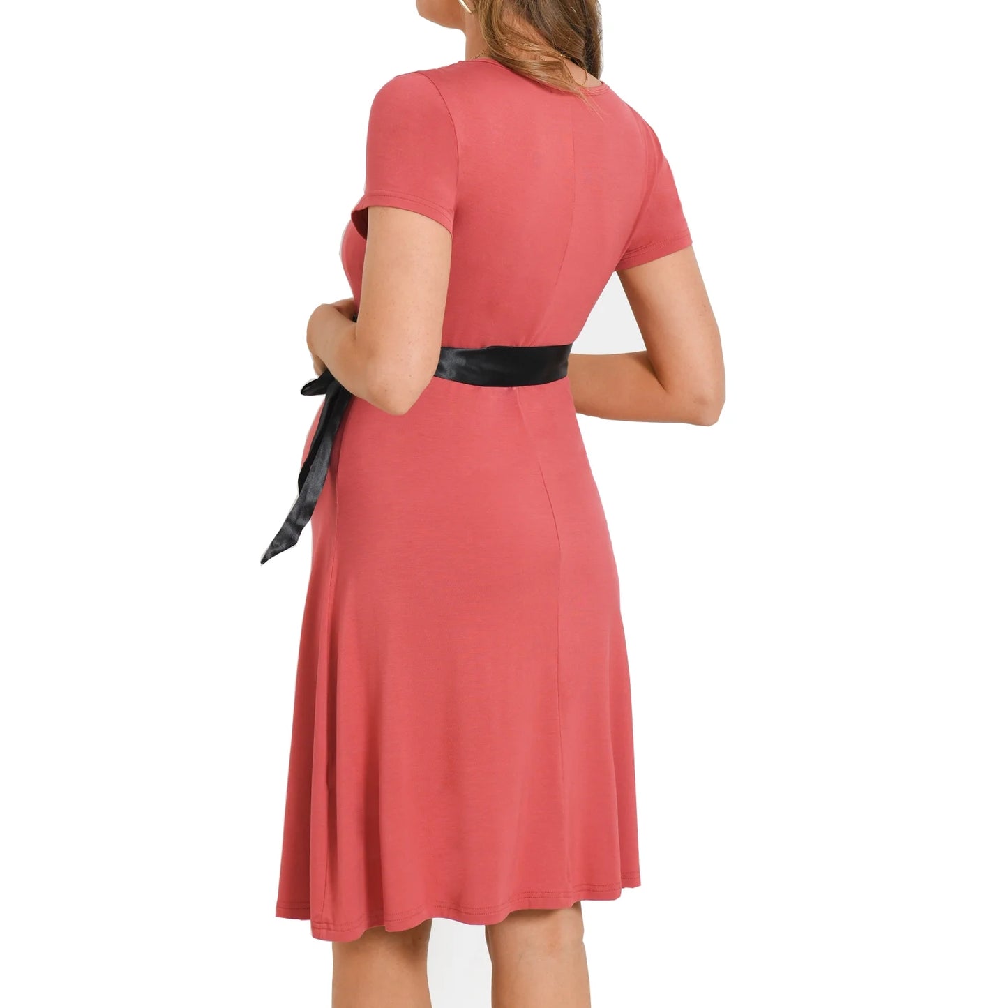 Chic Women's Maternity Midi Dress - Short Sleeve Casual Beach Wear with Stylish Belt