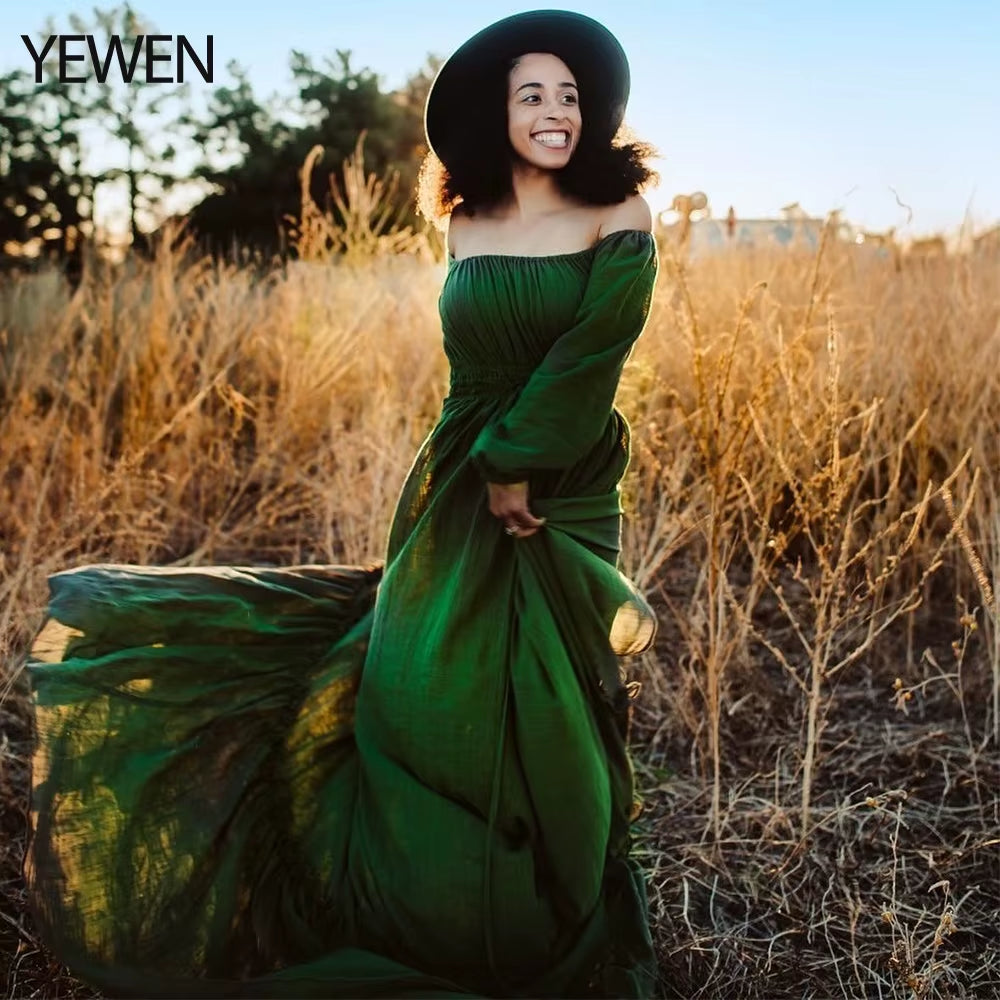 Off Shoulder Long Sleeves Cotton Maxi Maternity Dresses for Photoshoot High Slit Baby Shower Gown for Pregnant Woman YEWEN 2021