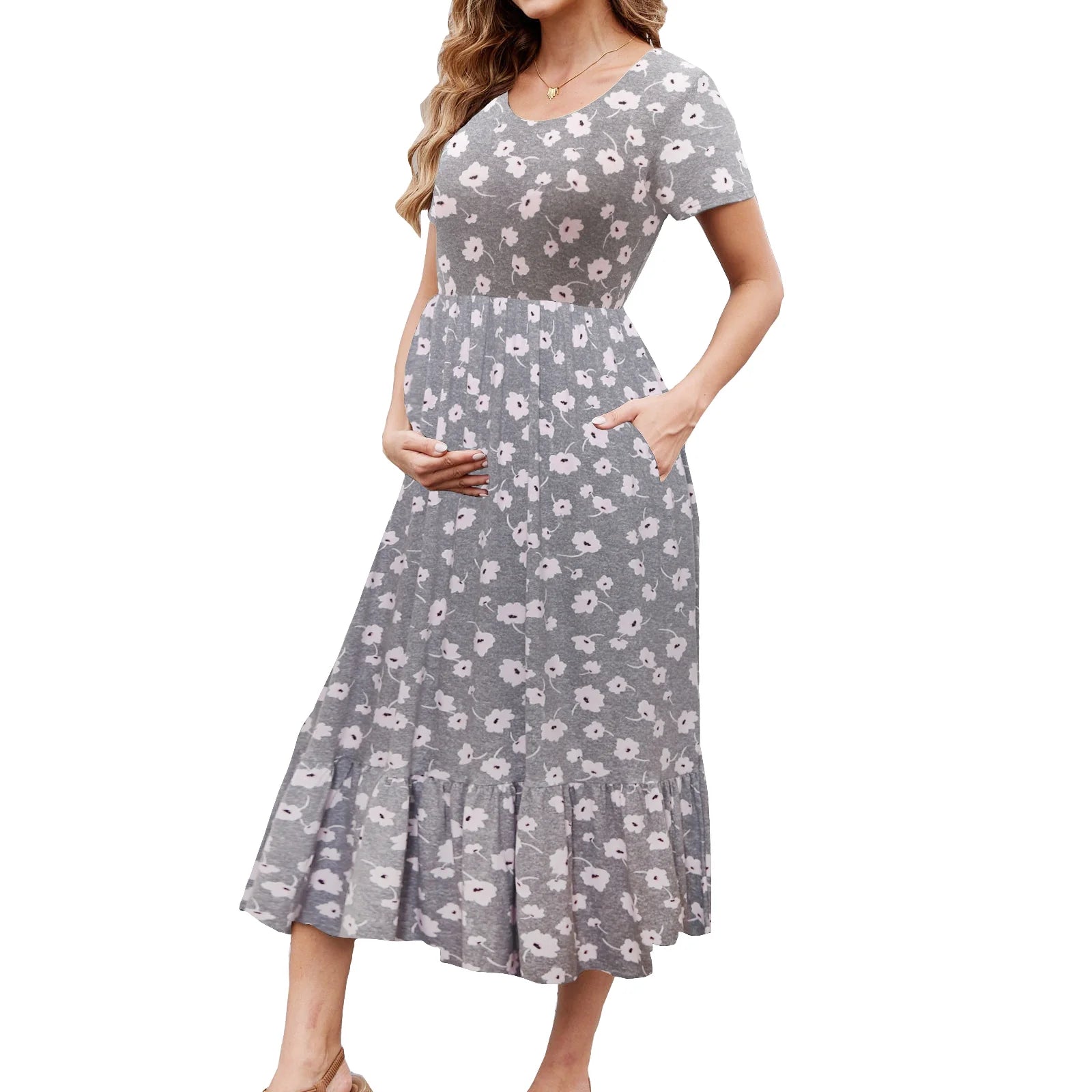 Chic Short Sleeve Maternity Dress - Pleated Flowing Beach Style for Expecting Moms