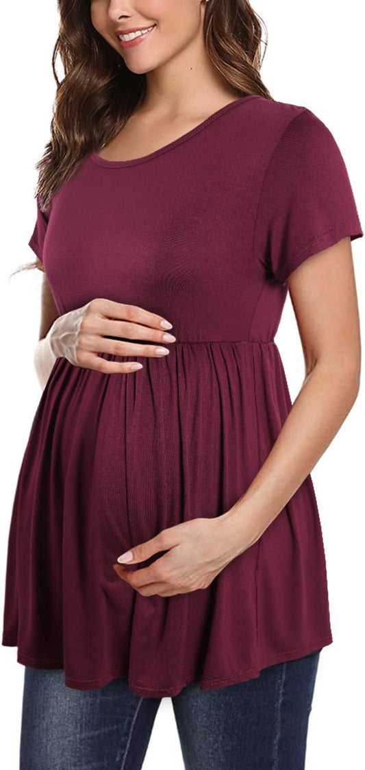 Womens Flattering Maternity Tops Comfy Short Sleeve Pleated Pregnancy Shirt