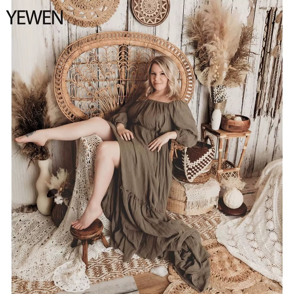 Off Shoulder Long Sleeves Cotton Maxi Maternity Dresses for Photoshoot High Slit Baby Shower Gown for Pregnant Woman YEWEN 2021