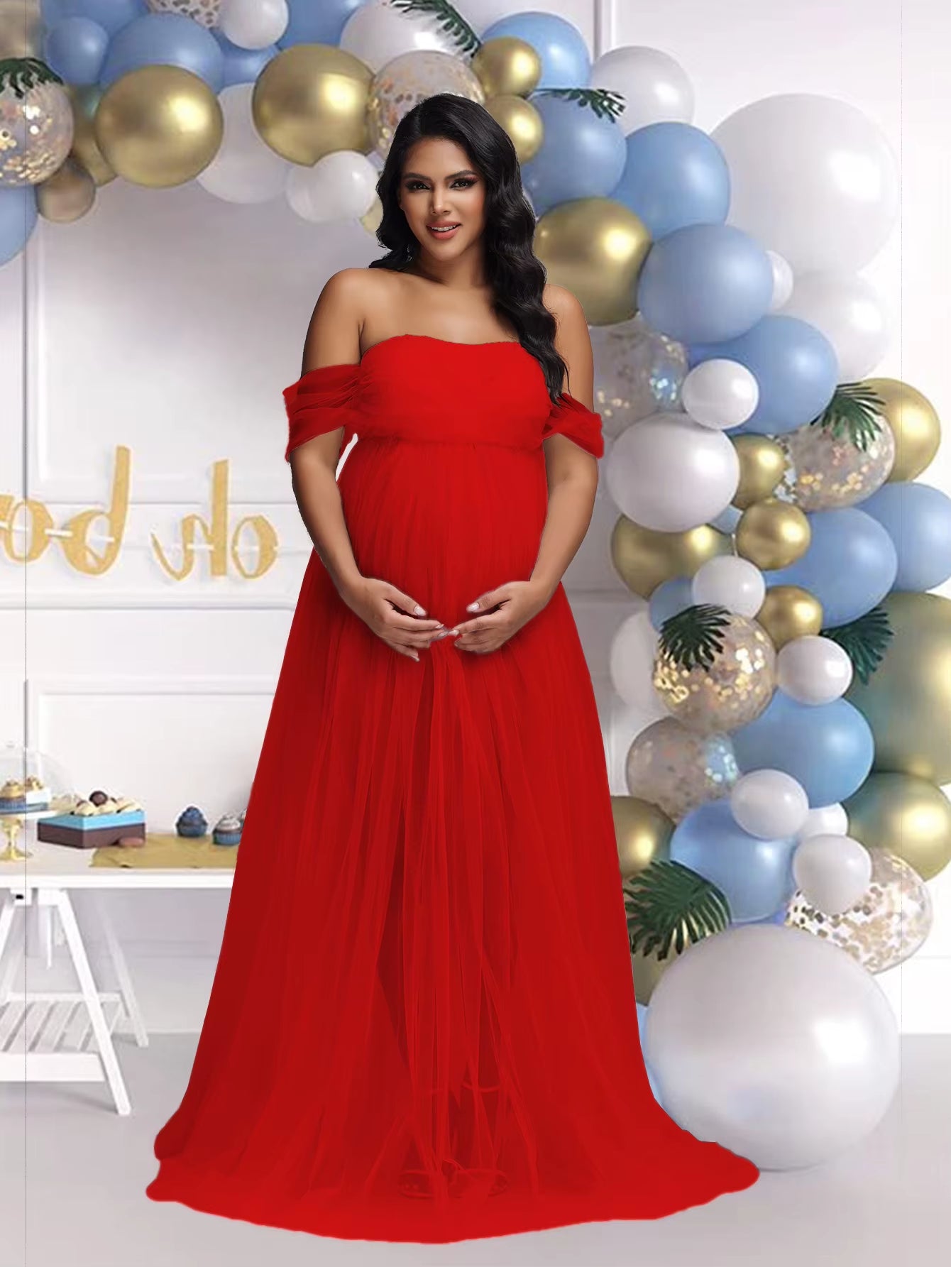 Maternity Lace Mesh Long Dress Pregnancy Shouldless Maxi Gown Dresses Soft Tulle Fabric Strapless for Baby Shower Photo Shoot