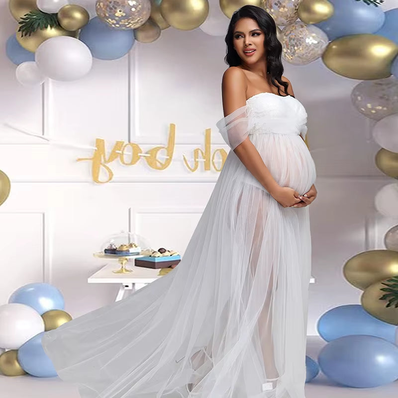 Maternity Lace Mesh Long Dress Pregnancy Shouldless Maxi Gown Dresses Soft Tulle Fabric Strapless for Baby Shower Photo Shoot