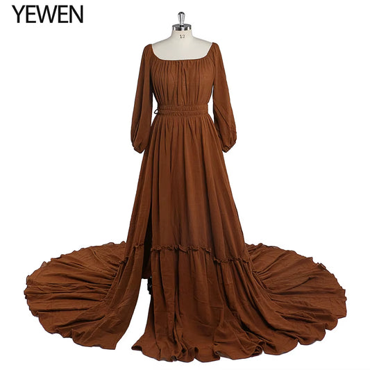 Off Shoulder Long Sleeves Cotton Maxi Maternity Dresses for Photoshoot High Slit Baby Shower Gown for Pregnant Woman YEWEN 2021