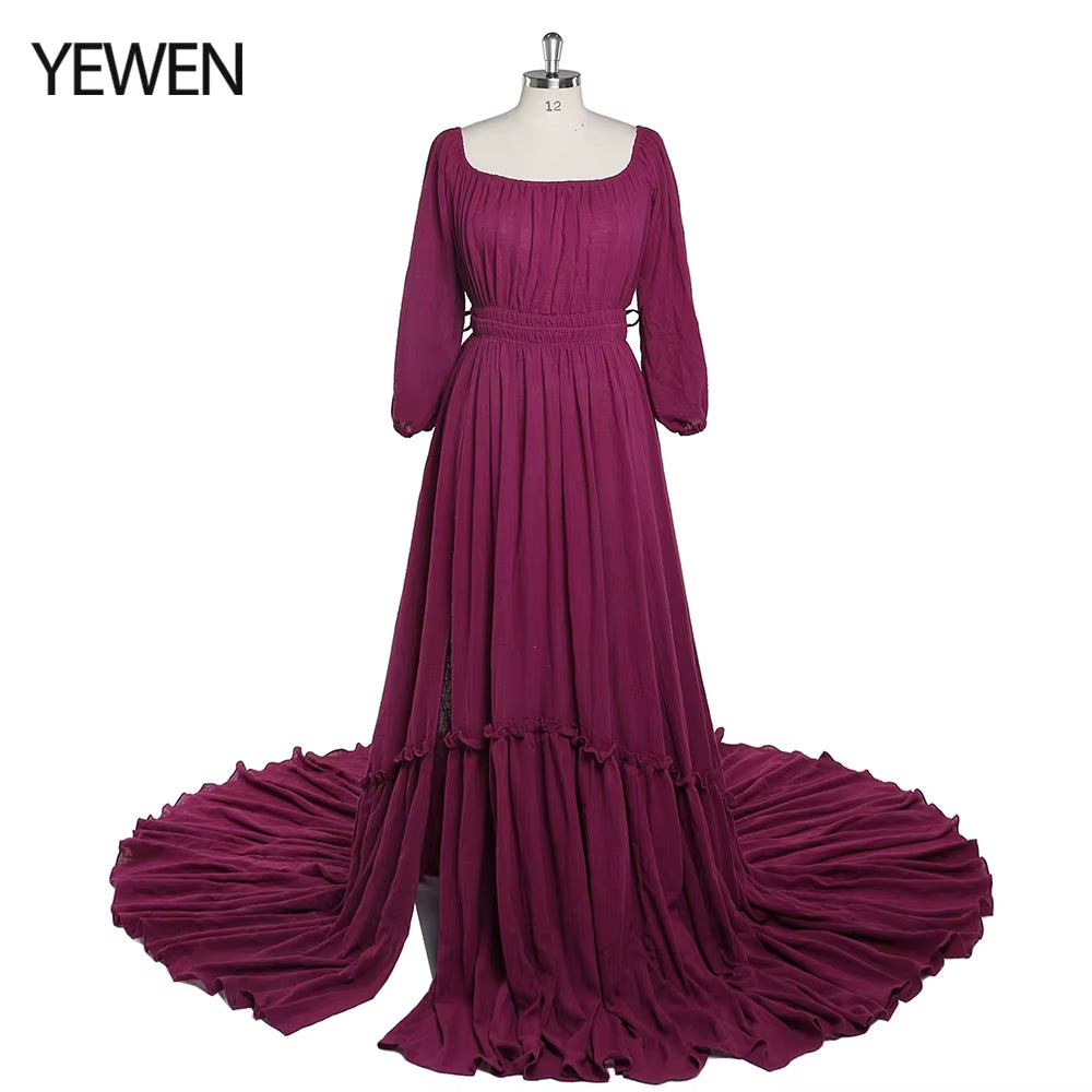 Off Shoulder Long Sleeves Cotton Maxi Maternity Dresses for Photoshoot High Slit Baby Shower Gown for Pregnant Woman YEWEN 2021