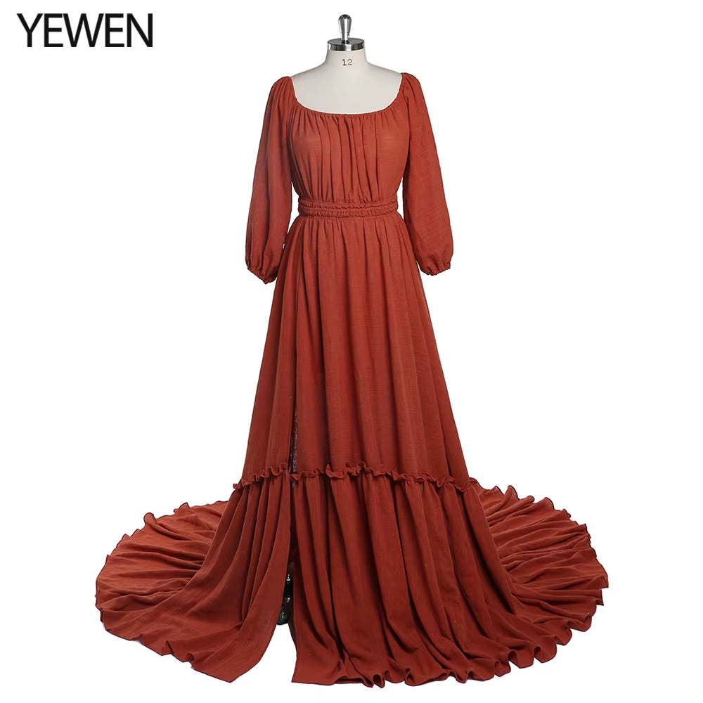 Off Shoulder Long Sleeves Cotton Maxi Maternity Dresses for Photoshoot High Slit Baby Shower Gown for Pregnant Woman YEWEN 2021