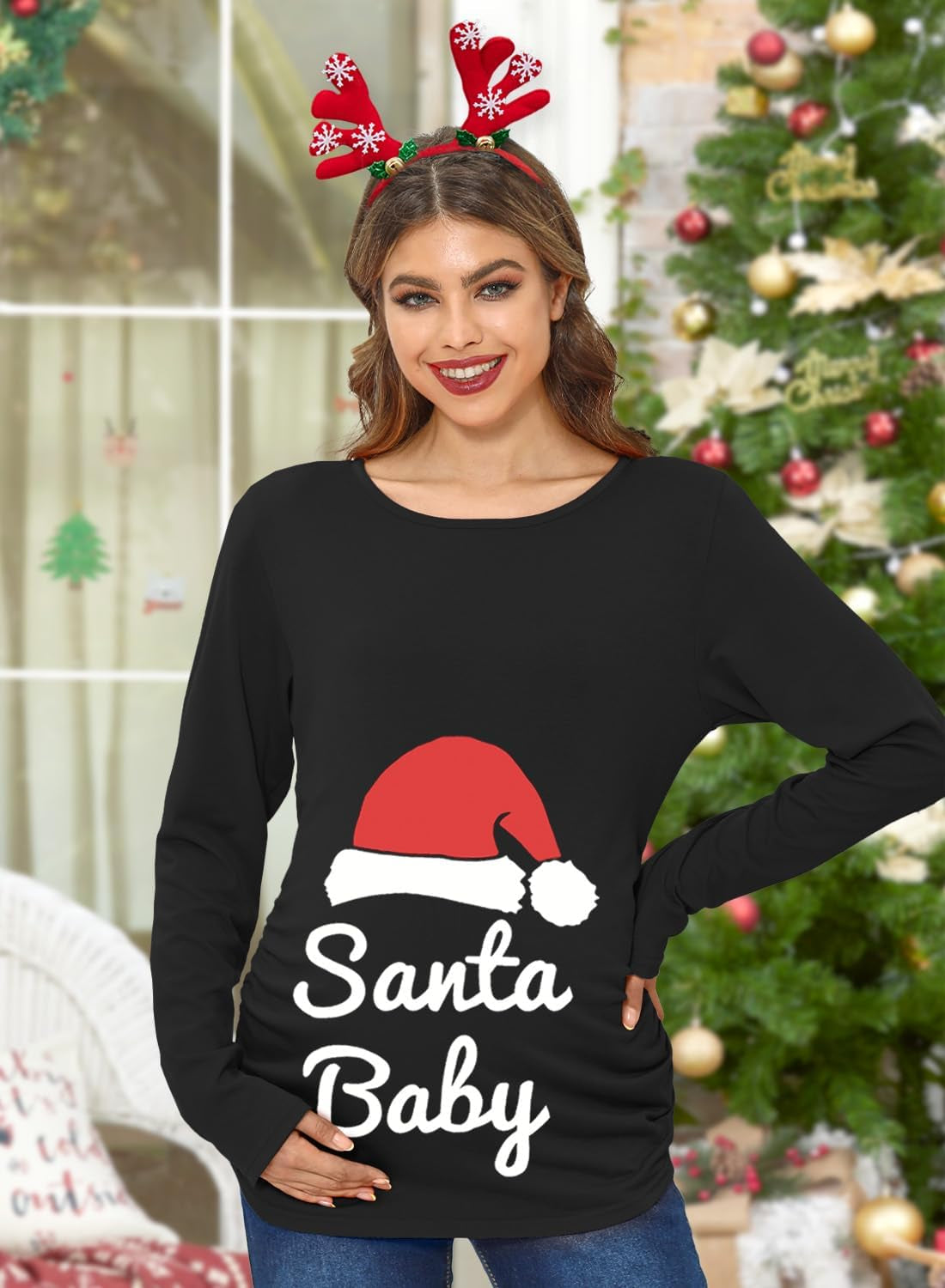 Womens Christmas Ugly Scoop Neck Long Sleeve Maternity Tops