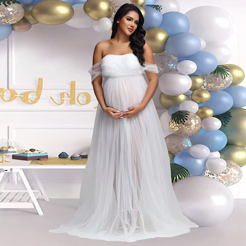 Maternity Lace Mesh Long Dress Pregnancy Shouldless Maxi Gown Dresses Soft Tulle Fabric Strapless for Baby Shower Photo Shoot
