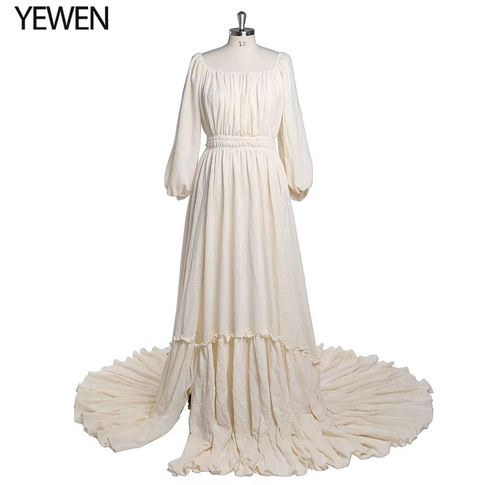 Off Shoulder Long Sleeves Cotton Maxi Maternity Dresses for Photoshoot High Slit Baby Shower Gown for Pregnant Woman YEWEN 2021