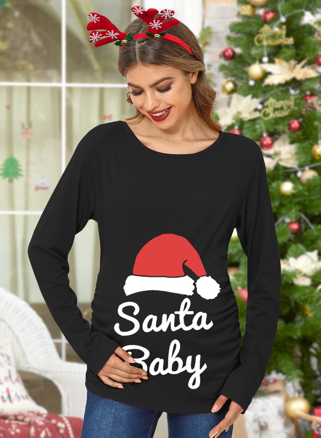 Womens Christmas Ugly Scoop Neck Long Sleeve Maternity Tops