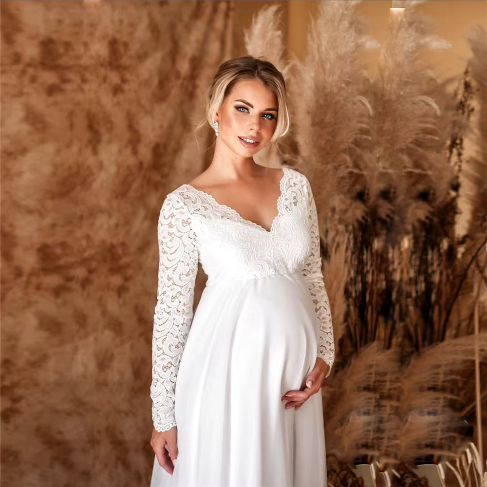 Lace White Maternity Dresses for Baby Shower Sexy Pregnancy Photo Shoot Maxi Gown Pregnant Women Party Wedding Photography Props