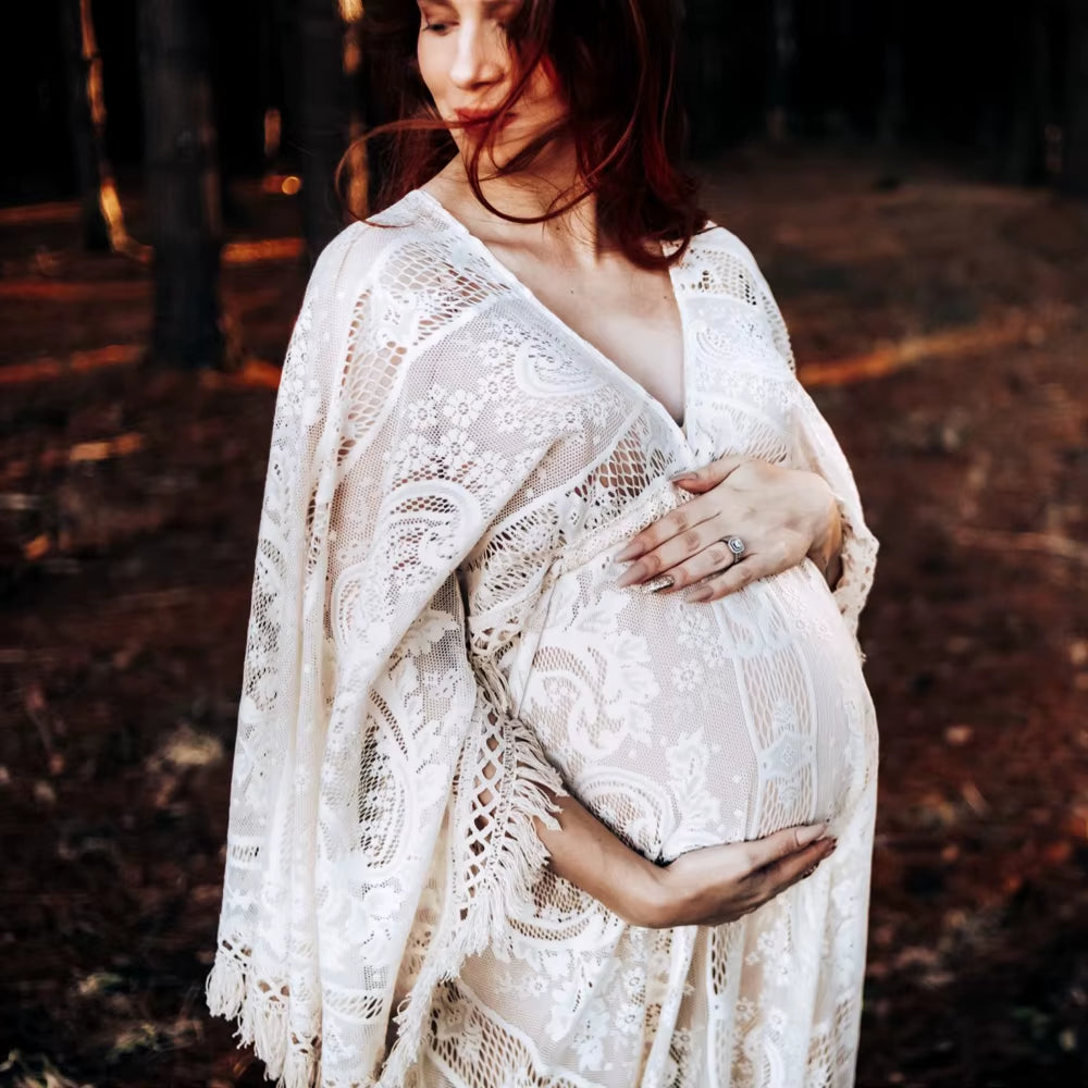 Long Train Maternity Photo Shoot Maxi Gown Dress Evening Party Costume Boho Beige Dresses for Pregnant Woman Props