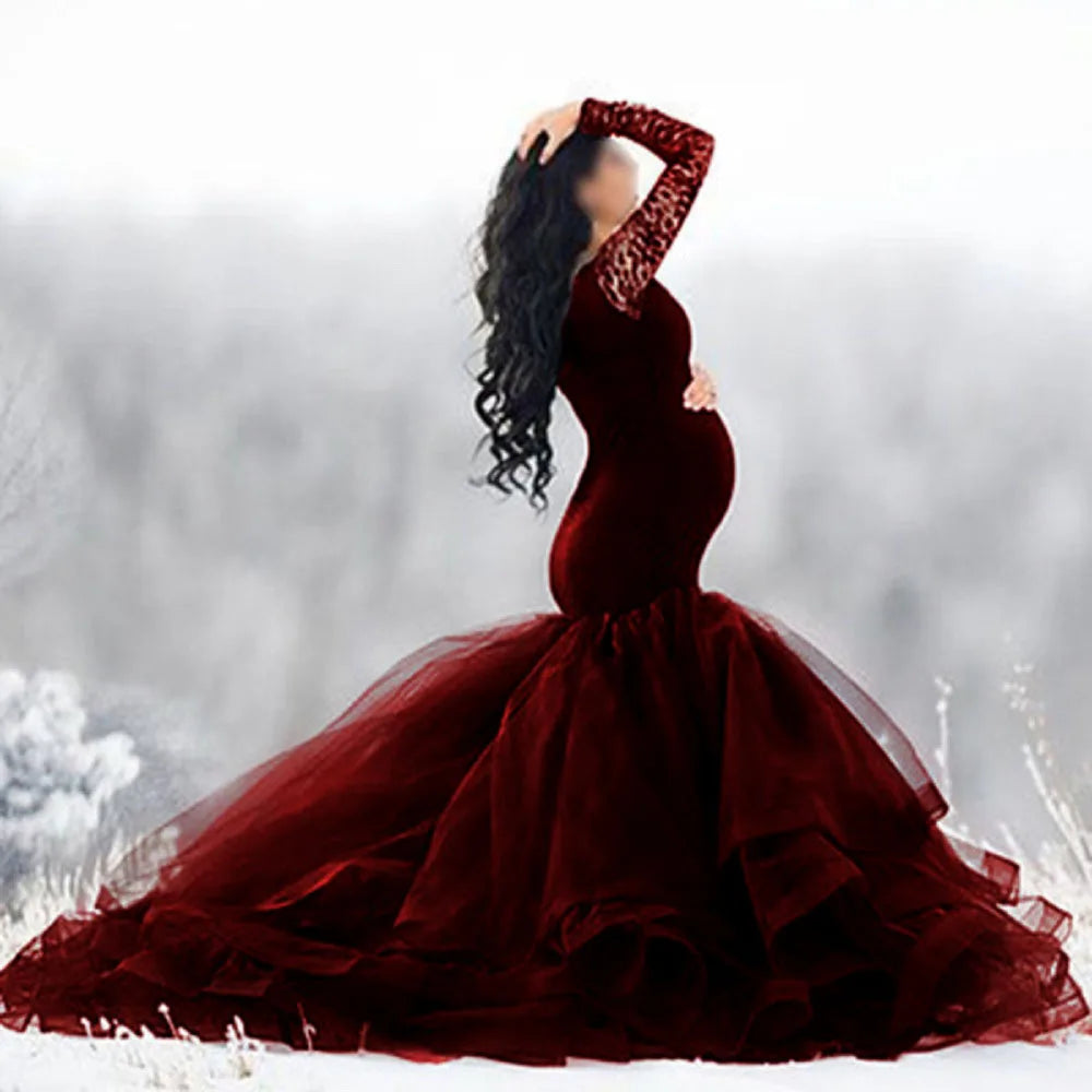 Elegant Lace Maxi Maternity Gown for Stunning Pregnancy Photos - Long Sleeve Dress for Expecting Moms