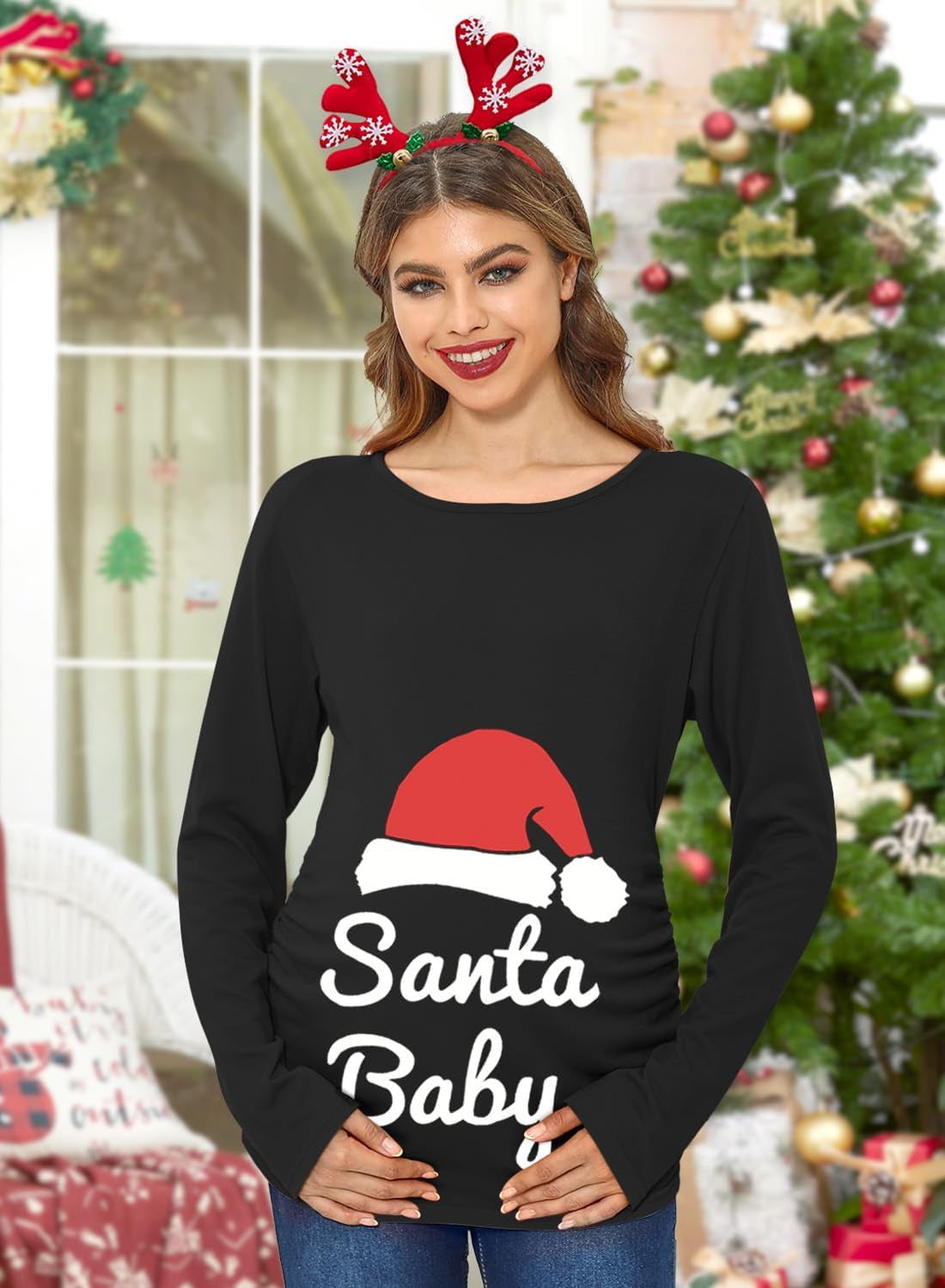 Womens Christmas Ugly Scoop Neck Long Sleeve Maternity Tops
