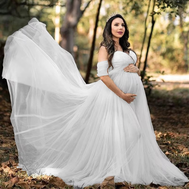 Maternity Lace Mesh Long Dress Pregnancy Shouldless Maxi Gown Dresses Soft Tulle Fabric Strapless for Baby Shower Photo Shoot