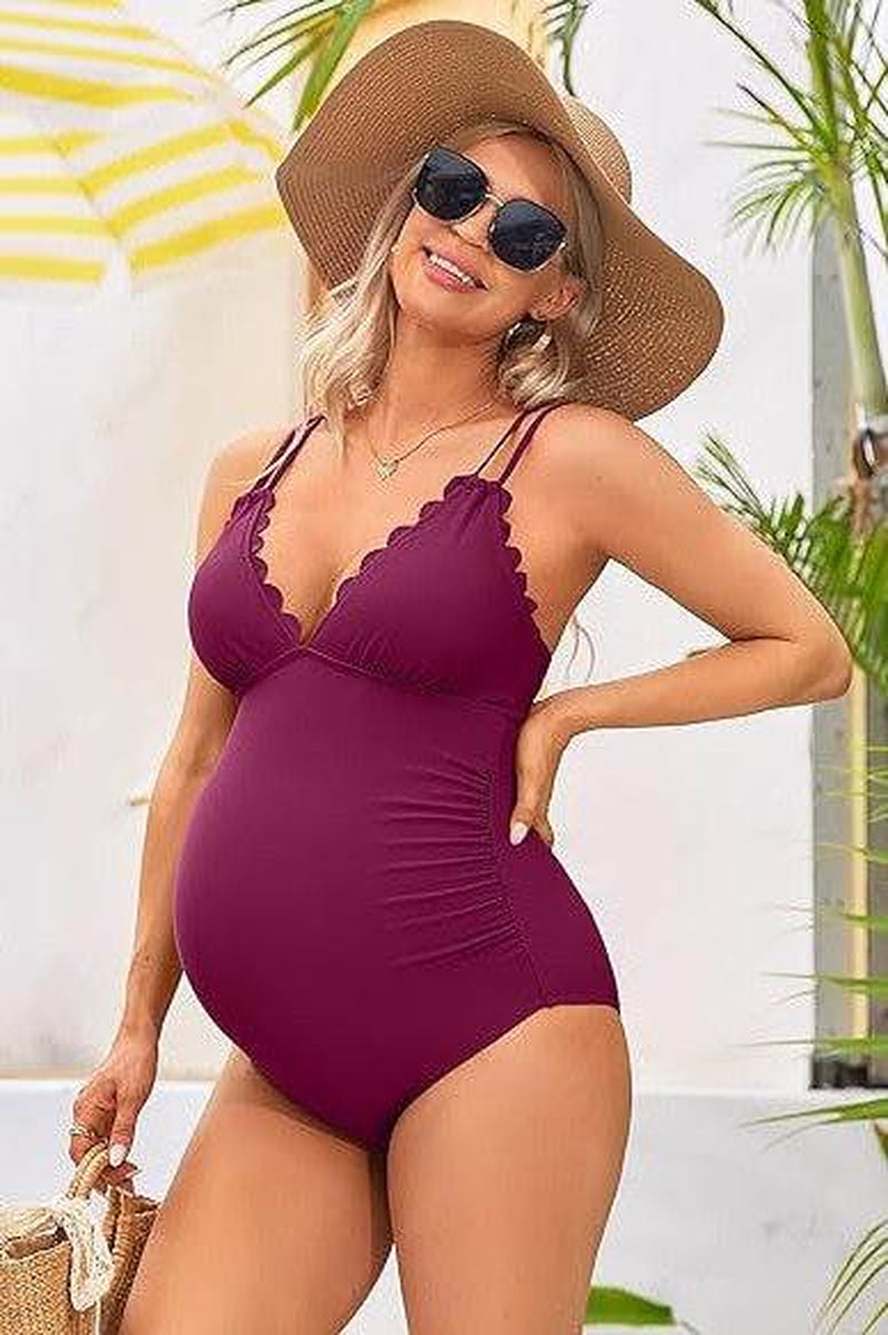 Stylish Ruch Scallop V Neck Maternity One Piece Swimsuit