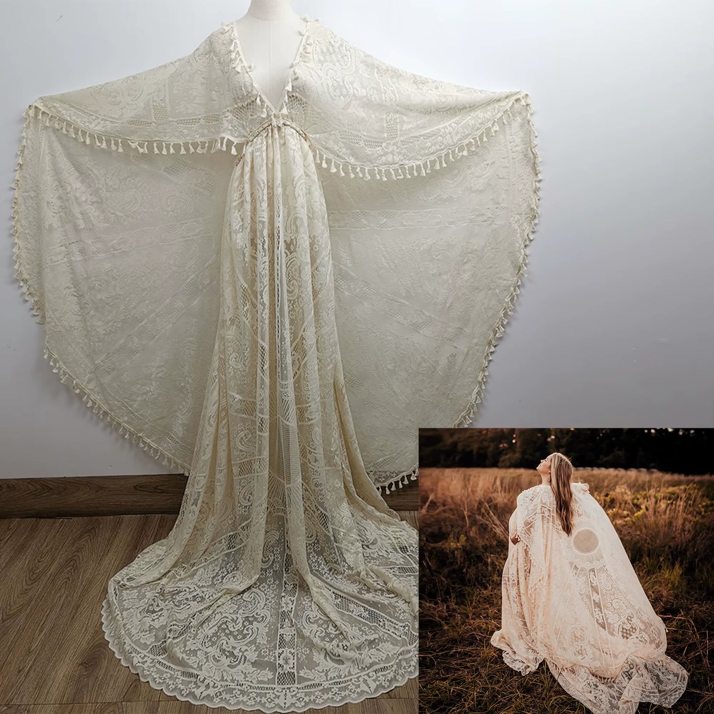 Long Train Maternity Photo Shoot Maxi Gown Dress Evening Party Costume Boho Beige Dresses for Pregnant Woman Props