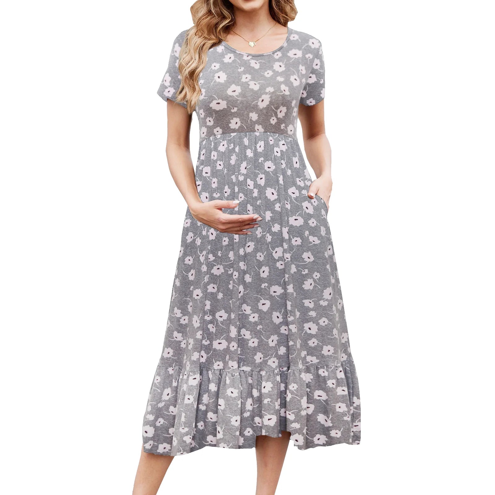Chic Short Sleeve Maternity Dress - Pleated Flowing Beach Style for Expecting Moms