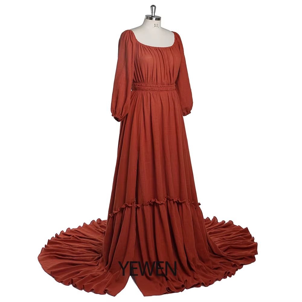 Off Shoulder Long Sleeves Cotton Maxi Maternity Dresses for Photoshoot High Slit Baby Shower Gown for Pregnant Woman YEWEN 2021