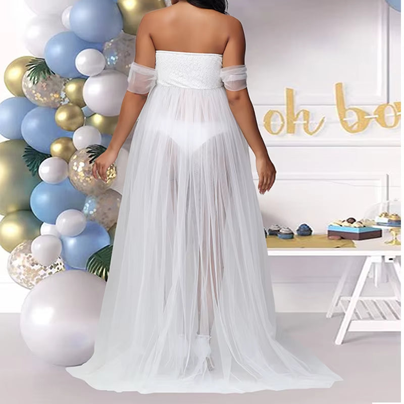 Maternity Lace Mesh Long Dress Pregnancy Shouldless Maxi Gown Dresses Soft Tulle Fabric Strapless for Baby Shower Photo Shoot