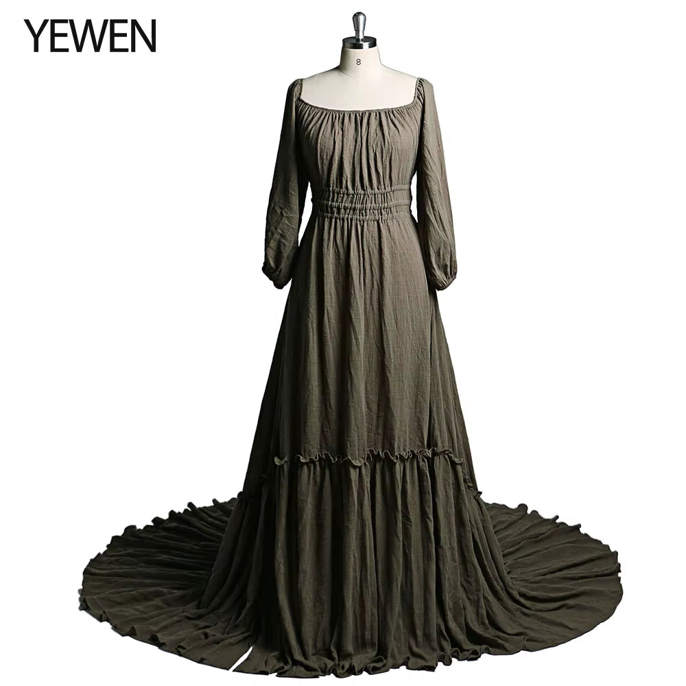 Off Shoulder Long Sleeves Cotton Maxi Maternity Dresses for Photoshoot High Slit Baby Shower Gown for Pregnant Woman YEWEN 2021
