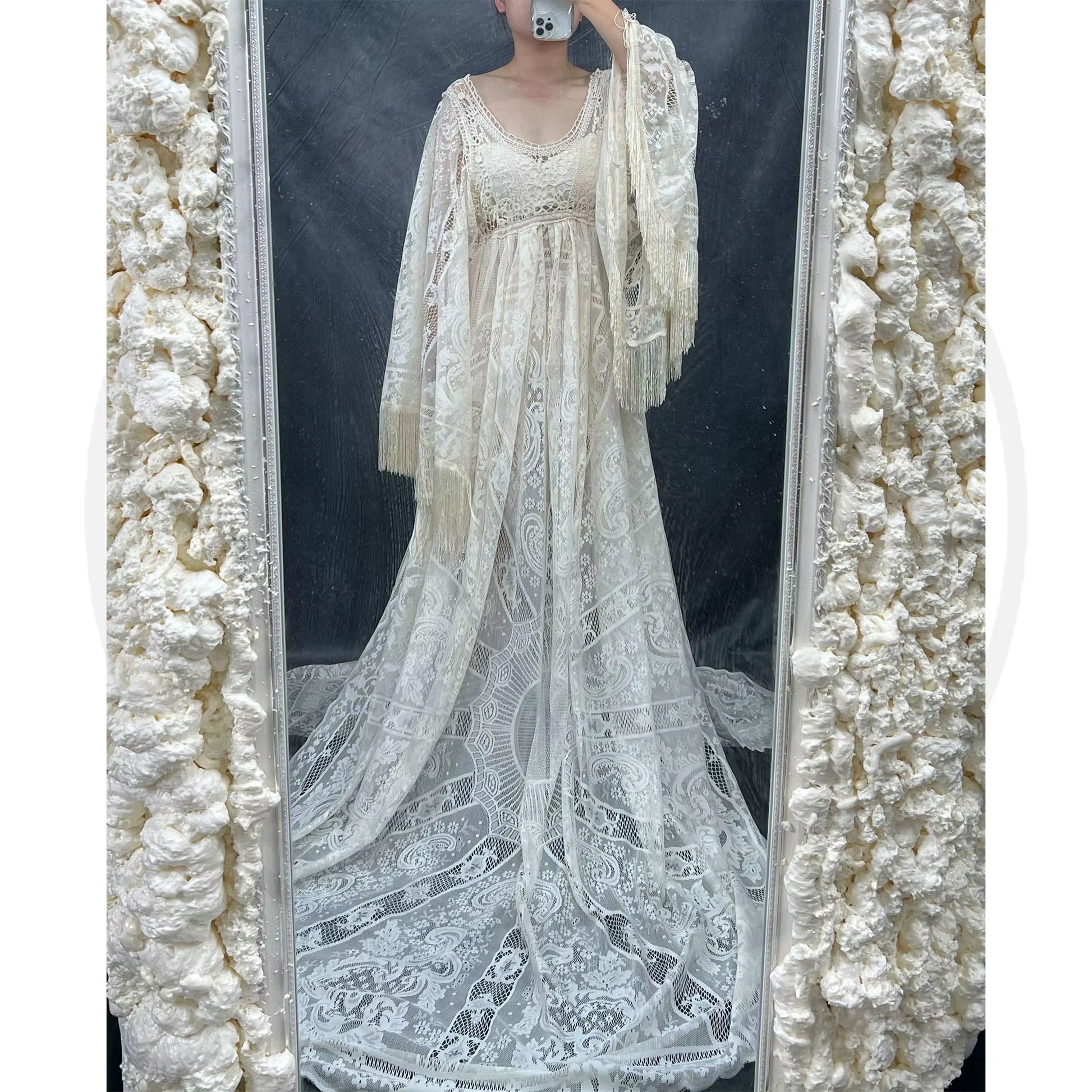 Long Train Maternity Photo Shoot Maxi Gown Dress Evening Party Costume Boho Beige Dresses for Pregnant Woman Props