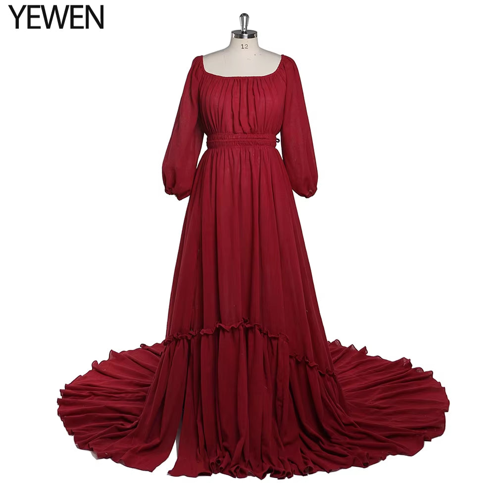 Off Shoulder Long Sleeves Cotton Maxi Maternity Dresses for Photoshoot High Slit Baby Shower Gown for Pregnant Woman YEWEN 2021