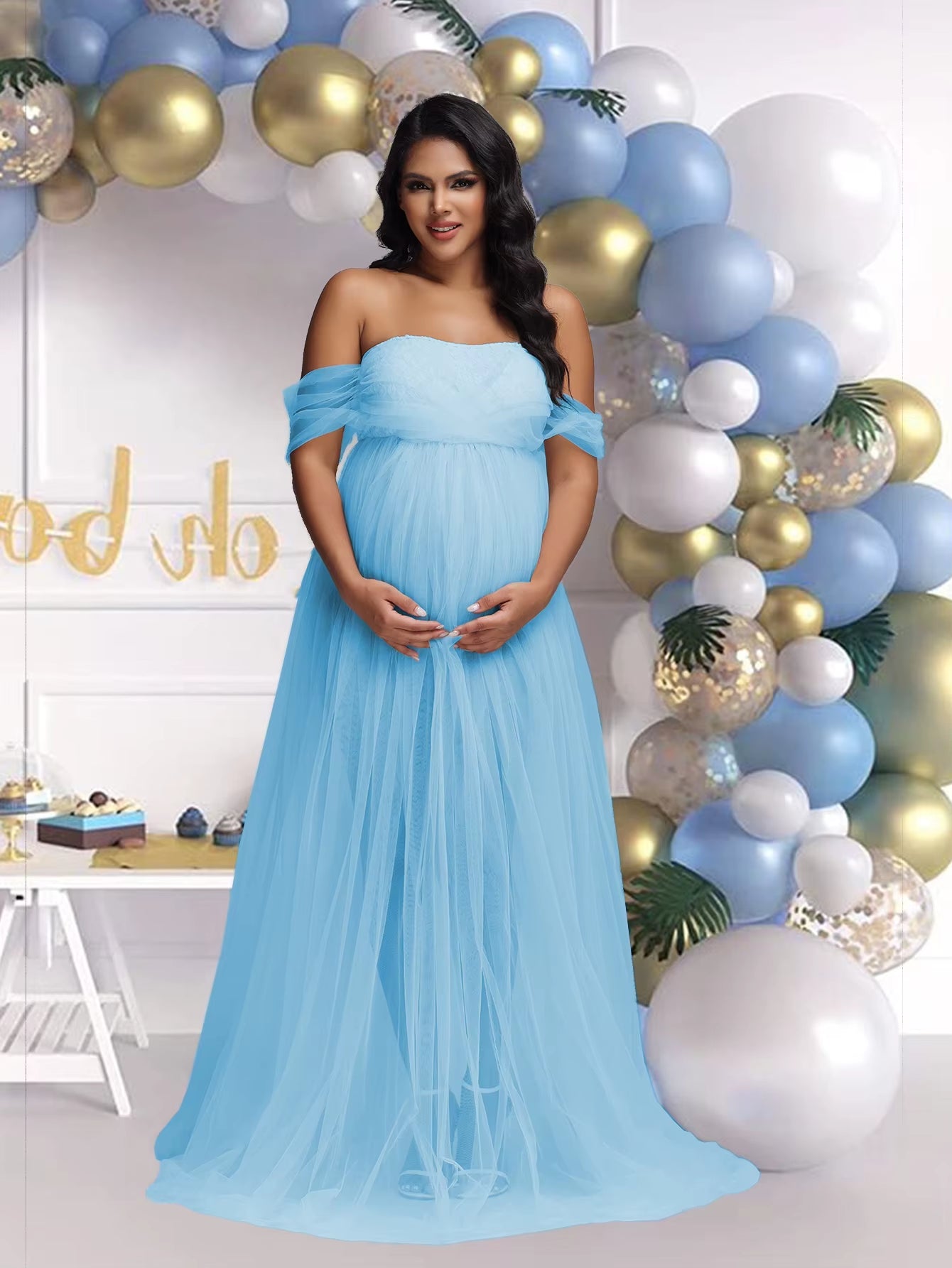 Maternity Lace Mesh Long Dress Pregnancy Shouldless Maxi Gown Dresses Soft Tulle Fabric Strapless for Baby Shower Photo Shoot