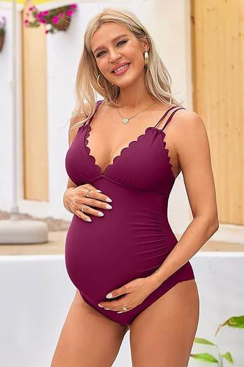 Stylish Ruch Scallop V Neck Maternity One Piece Swimsuit