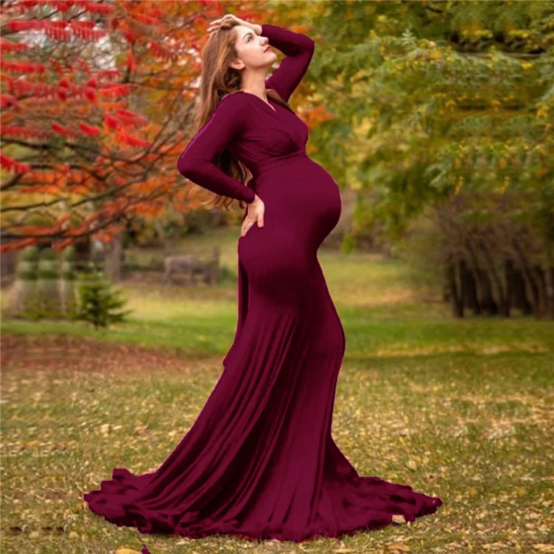 Elegant Lace Maxi Maternity Gown for Stunning Pregnancy Photos - Long Sleeve Dress for Expecting Moms