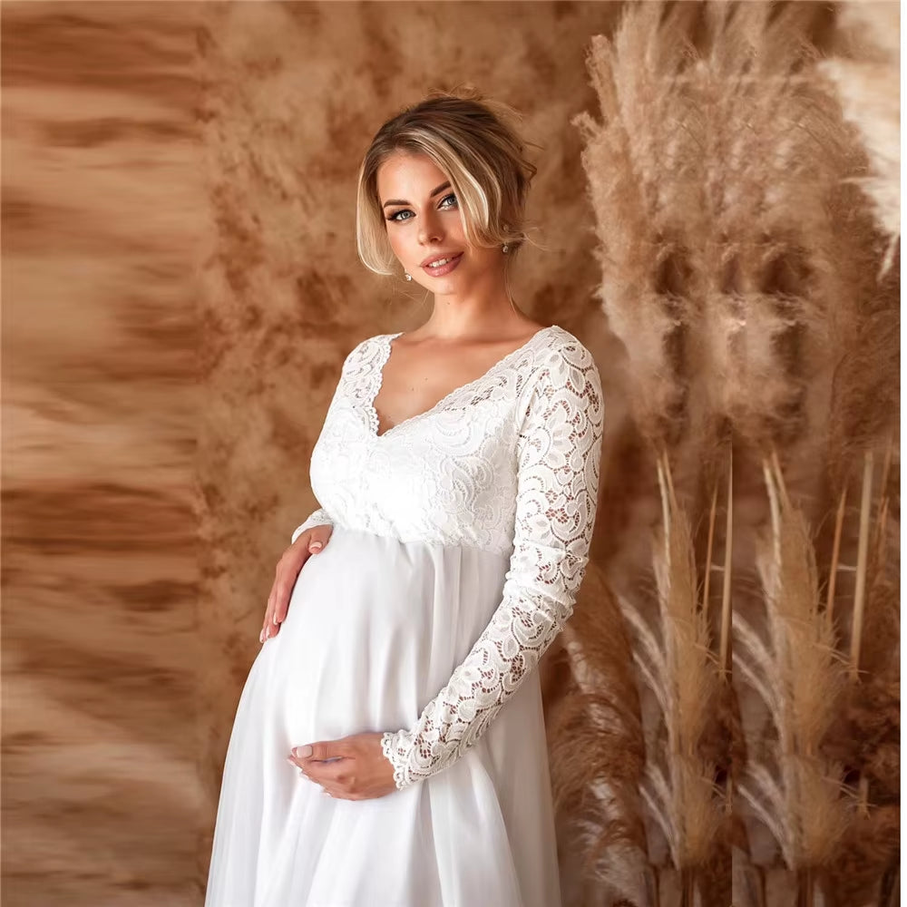 Lace White Maternity Dresses for Baby Shower Sexy Pregnancy Photo Shoot Maxi Gown Pregnant Women Party Wedding Photography Props