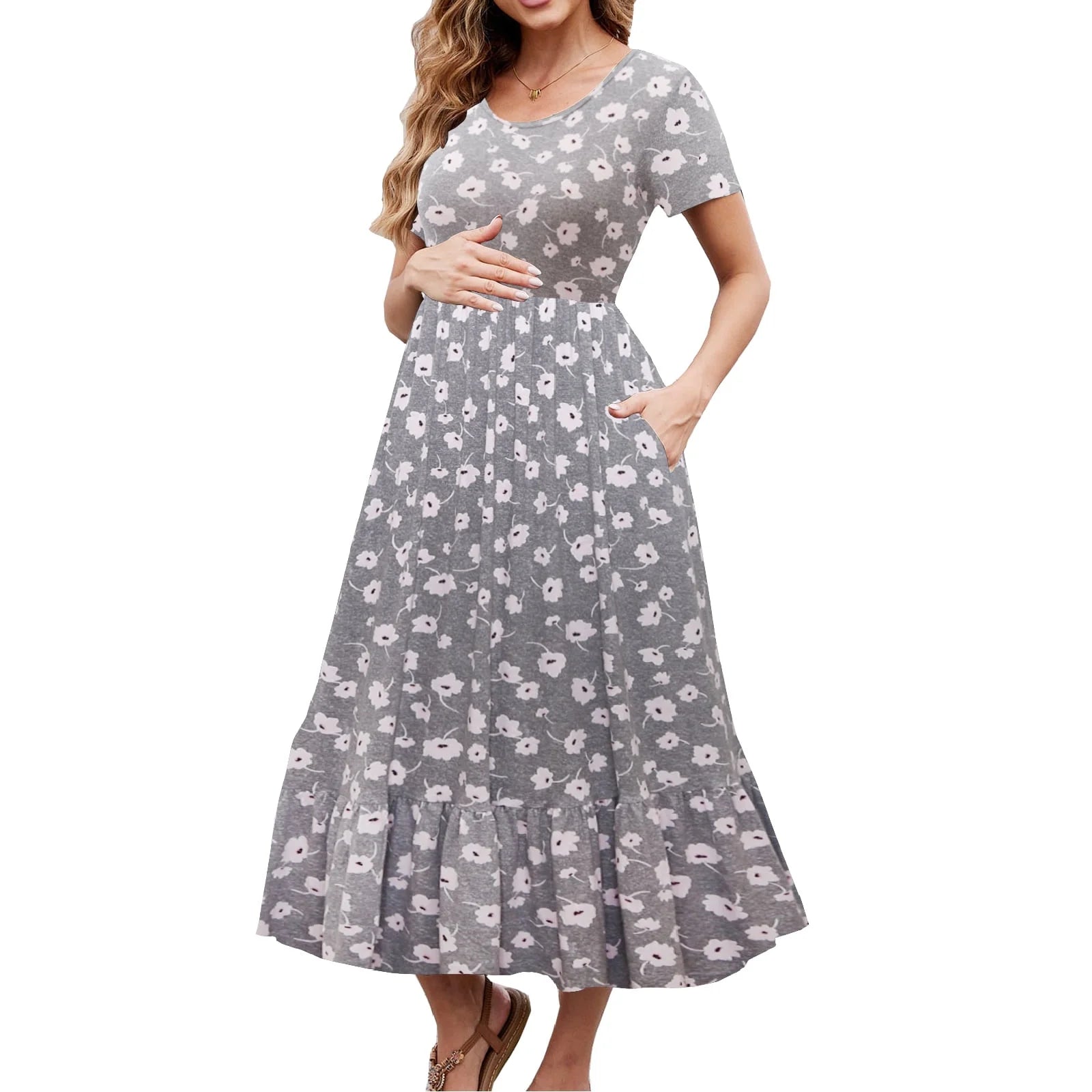 Chic Short Sleeve Maternity Dress - Pleated Flowing Beach Style for Expecting Moms