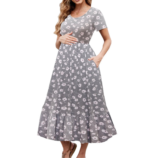 Chic Short Sleeve Maternity Dress - Pleated Flowing Beach Style for Expecting Moms