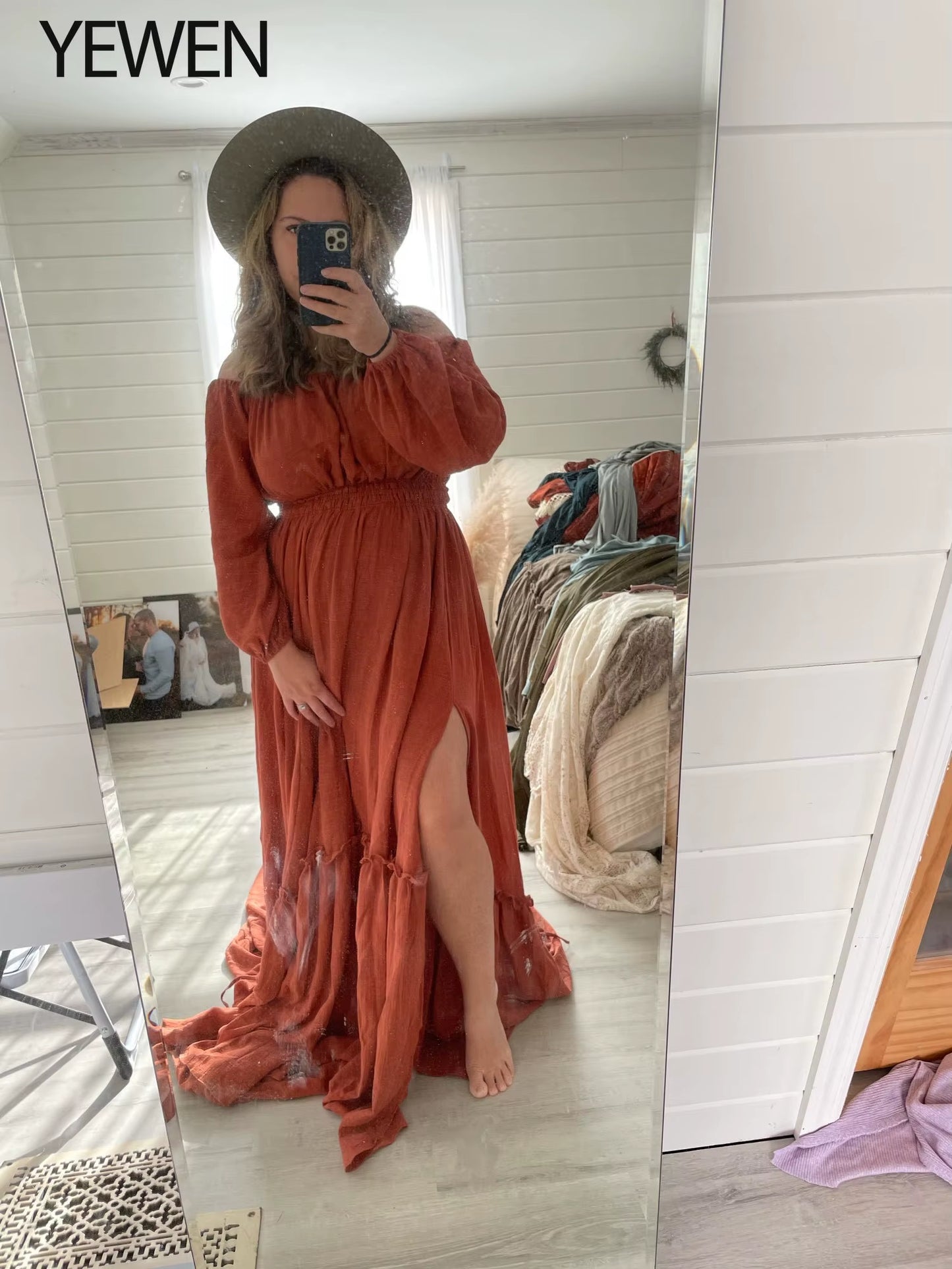 Off Shoulder Long Sleeves Cotton Maxi Maternity Dresses for Photoshoot High Slit Baby Shower Gown for Pregnant Woman YEWEN 2021