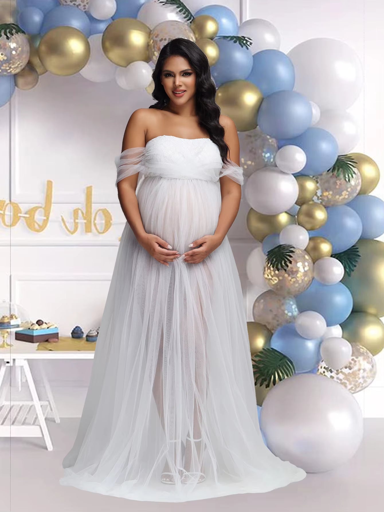 Maternity Lace Mesh Long Dress Pregnancy Shouldless Maxi Gown Dresses Soft Tulle Fabric Strapless for Baby Shower Photo Shoot