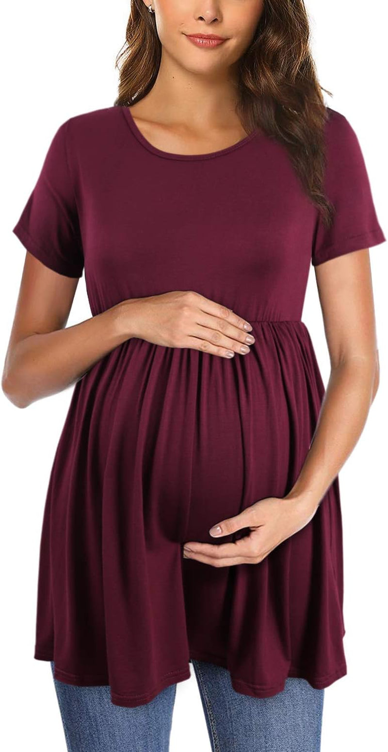 Womens Flattering Maternity Tops Comfy Short Sleeve Pleated Pregnancy Shirt