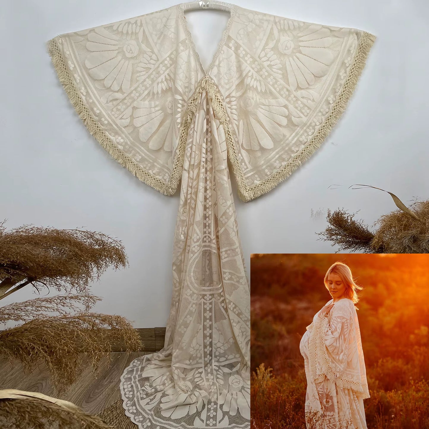 Long Train Maternity Photo Shoot Maxi Gown Dress Evening Party Costume Boho Beige Dresses for Pregnant Woman Props